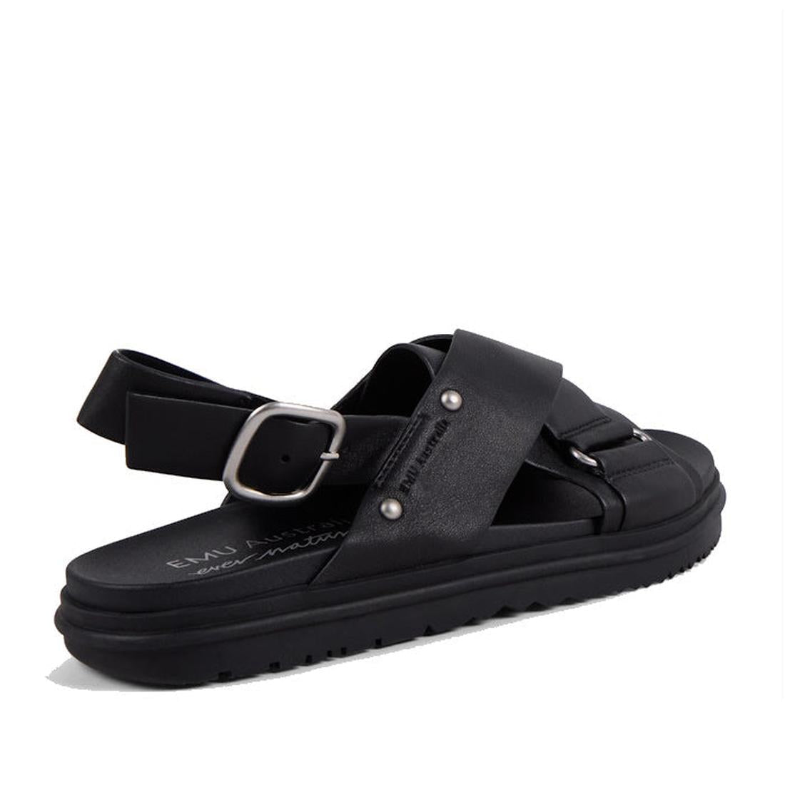 The Emu Faye Black Leather Sandal features thick crisscross straps, a silver side buckle, adjustable back strap, comfy footbed, and ridged sole for grip. Displayed on a white background., 9330071983119, 9330071983126, 9330071983133, 9330071983140, 9330071
