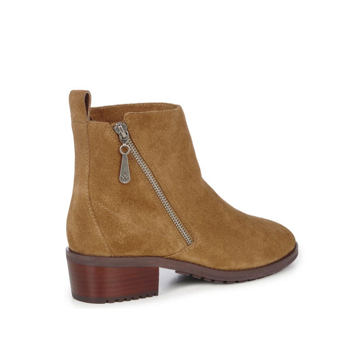 The EMU Ginan Suede Waterproof Ankle Boot in Chestnut features a side zipper, back pull tab, low block heel, and durable rubber outsole. Displayed on a white background, the boot highlights its outer side., 9330071901892, 9330071901908, 9330071901915, 933
