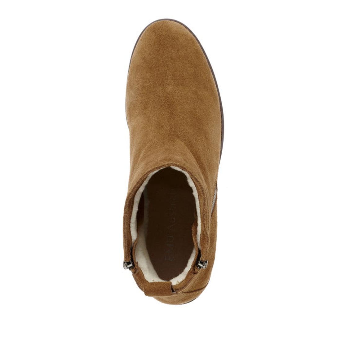 Top-down view of the EMU Ginan Suede Waterproof Ankle Boot in Chestnut, featuring a side zipper, visible white lining inside, and a durable rubber outsole for lasting wear., 9330071901892, 9330071901908, 9330071901915, 9330071901922