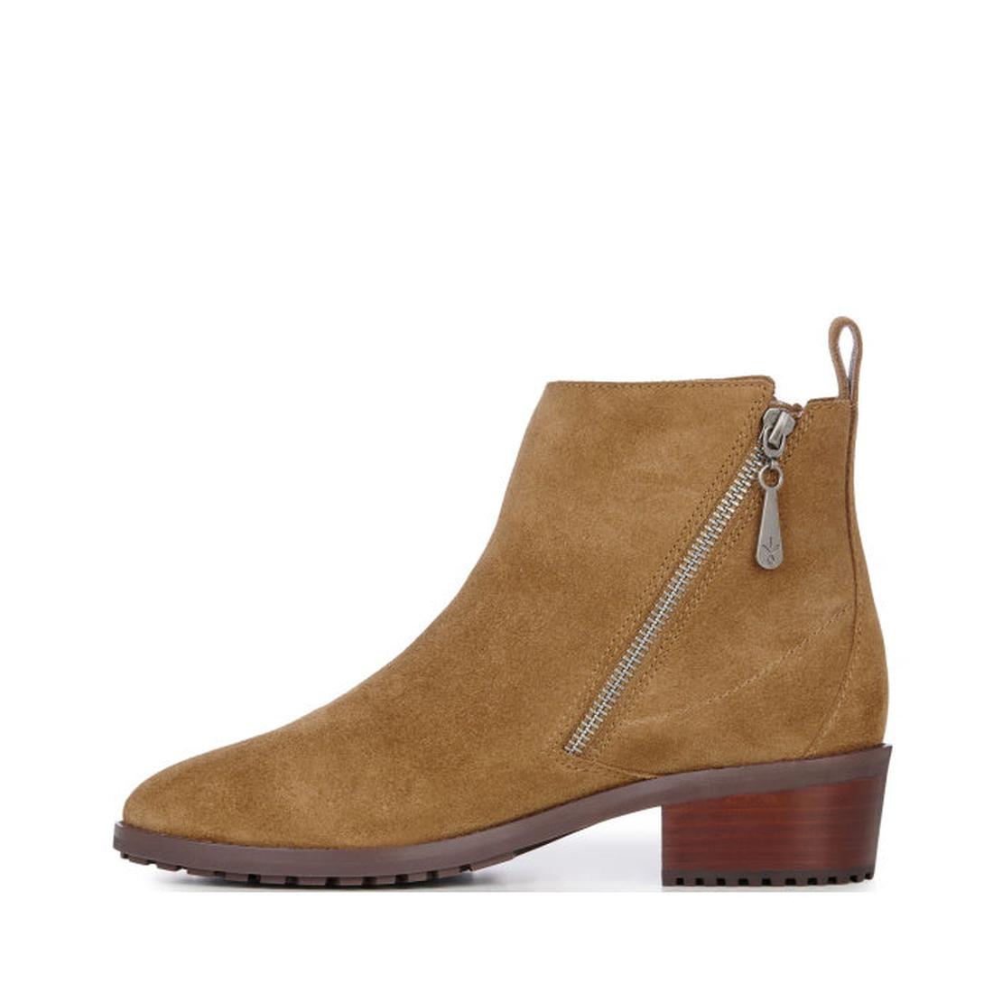 The EMU Ginan Suede Waterproof Ankle Boot in Chestnut features a tan suede upper, low brown block heel, side zipper, back pull tab, and durable rubber outsole, shown in side profile against a white background., 9330071901892, 9330071901908, 9330071901915,