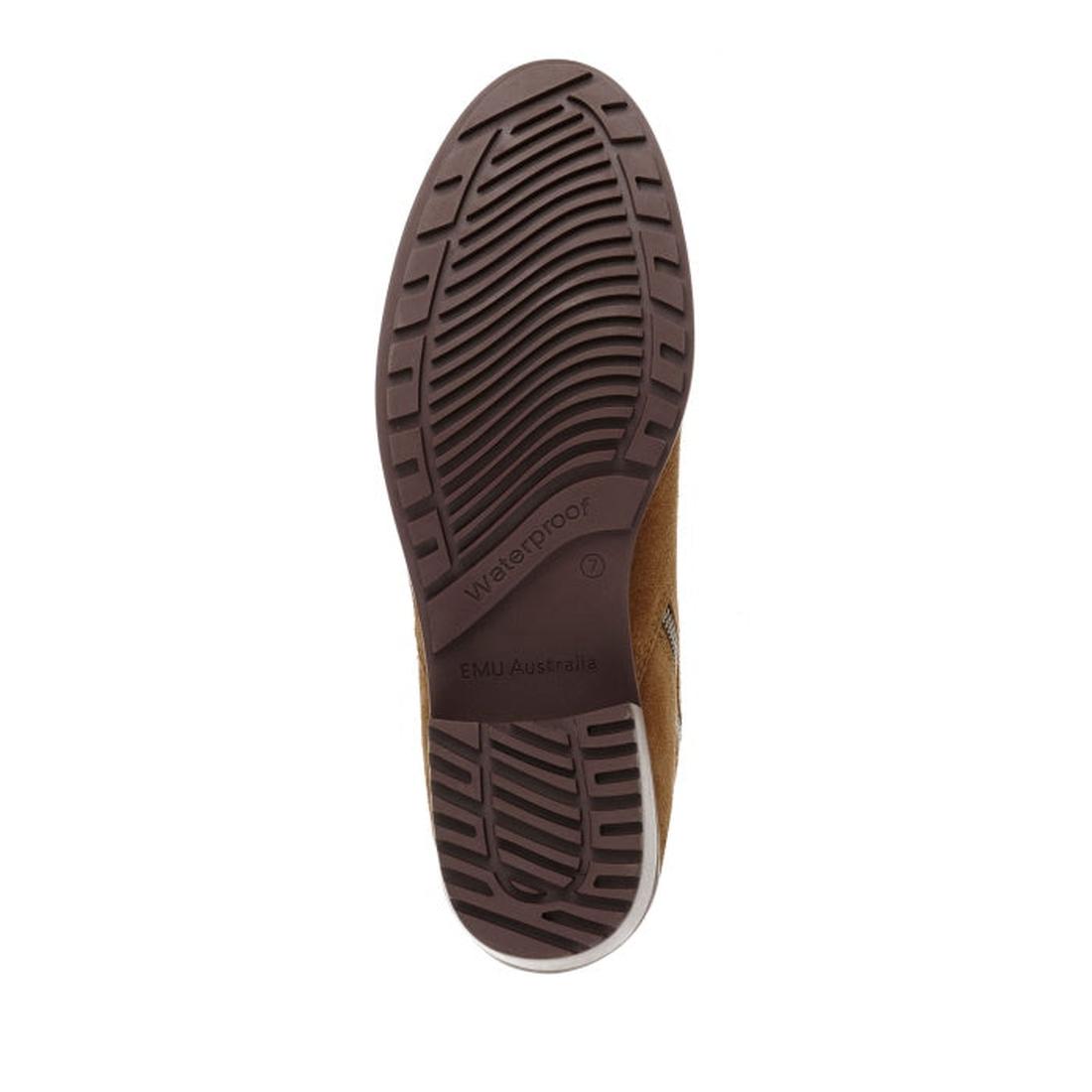 The image shows the sole of the EMU Ginan Suede Waterproof Ankle Boot in Chestnut, featuring a textured tread and embossed "Waterproof" and "EMU Australia" on its durable rubber outsole., 9330071901892, 9330071901908, 9330071901915, 9330071901922