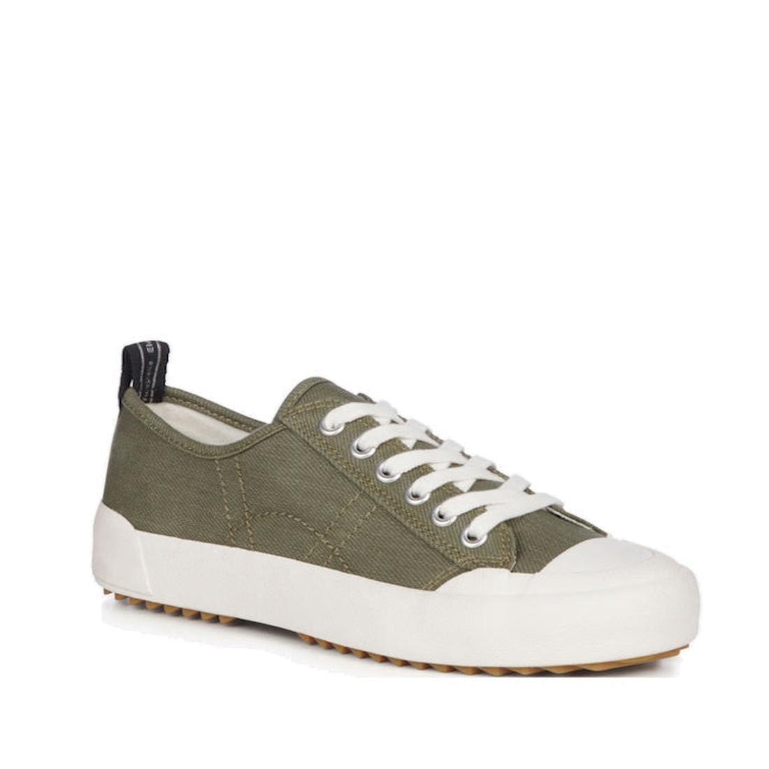 Emu Womens Hosier Canvas Sneaker in dark olive, with comfy memory foam, white laces, sturdy sole and easy pull tab on heel.  ksnz