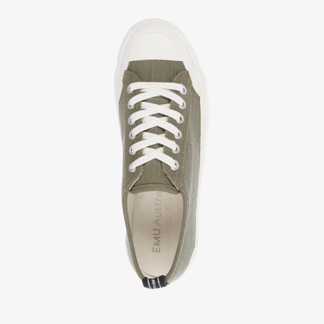 The Emu Womens Hosier Canvas Sneaker in Dark Olive with comfy memory foam, sturdy white sole, and easy white lace closure.  ksnz