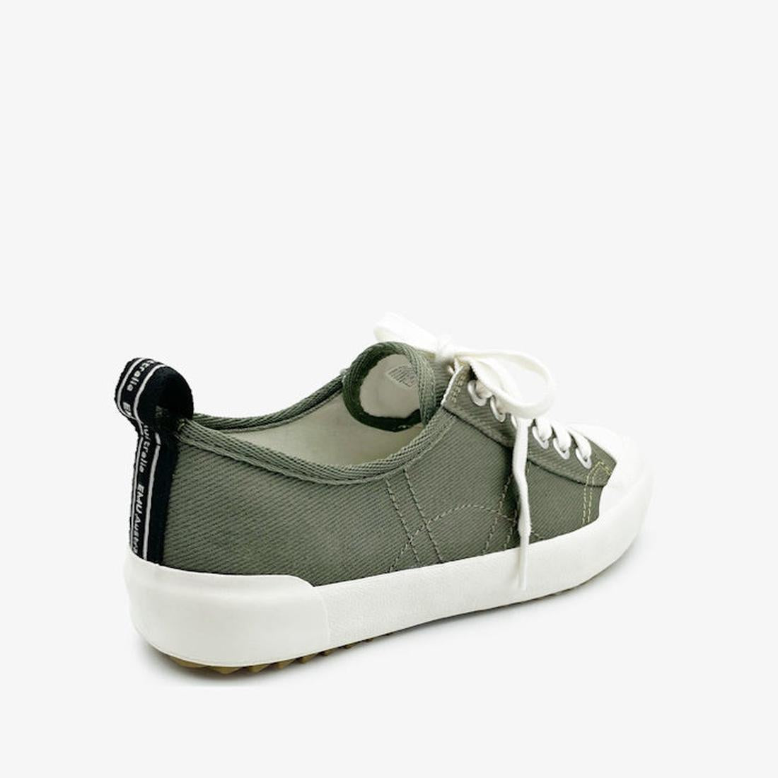 EMU NZ Emu Womens Hosier Canvas Sneaker in Dark Olive offers cozy memory foam, sturdy white sole, and easy white lace closure.  ksnz