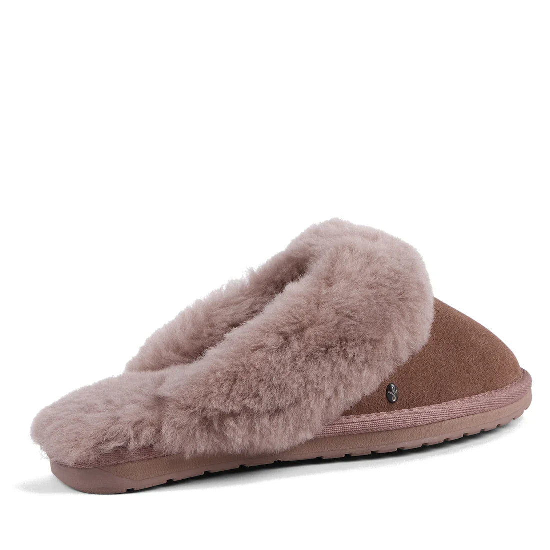 The EMU Women's Jolie Mocha Slipper Scuff features brown suede, thick light pink faux fur lining and trim, a closed toe, open back, and textured rubber sole for cozy indoor/outdoor wear., 51650, 9330071975503, 9330071975510, 9330071975527, 9330071975534, 