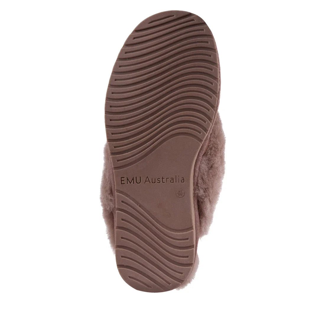 The EMU Women's Jolie Mocha Slipper Scuff Sheepskin features a brown rubber sole with wavy tread patterns and “EMU Australia” embossed in the center. Its durable design makes these slippers ideal for both indoor and outdoor wear., 51650, 9330071975503, 93