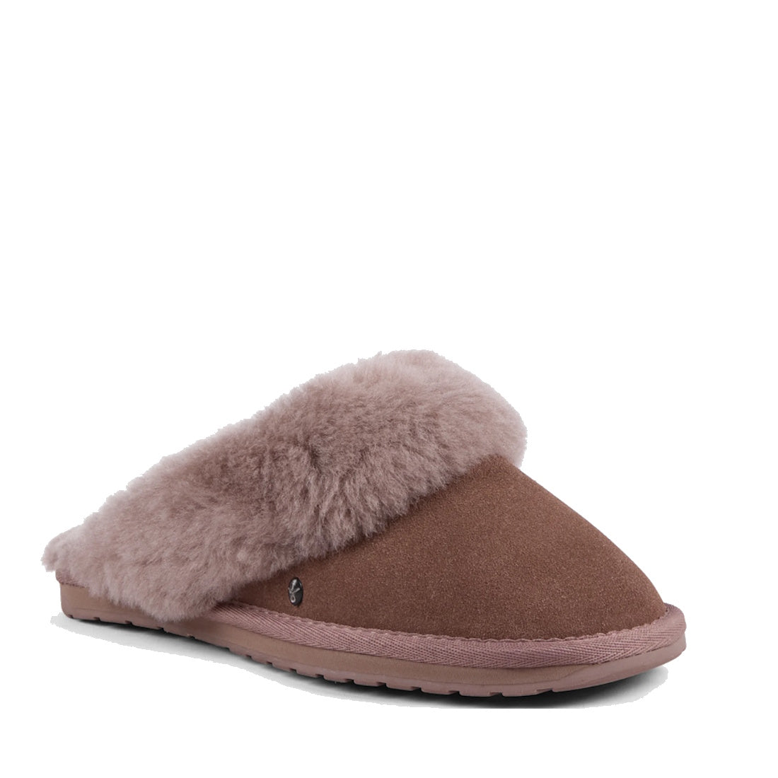 The EMU Women's Jolie Mocha Slipper Scuff Sheepskin is a single women's mauve suede slipper with plush light pink faux fur lining and a flat rubber sole, ideal for indoor or outdoor wear, shown side view on a white background.