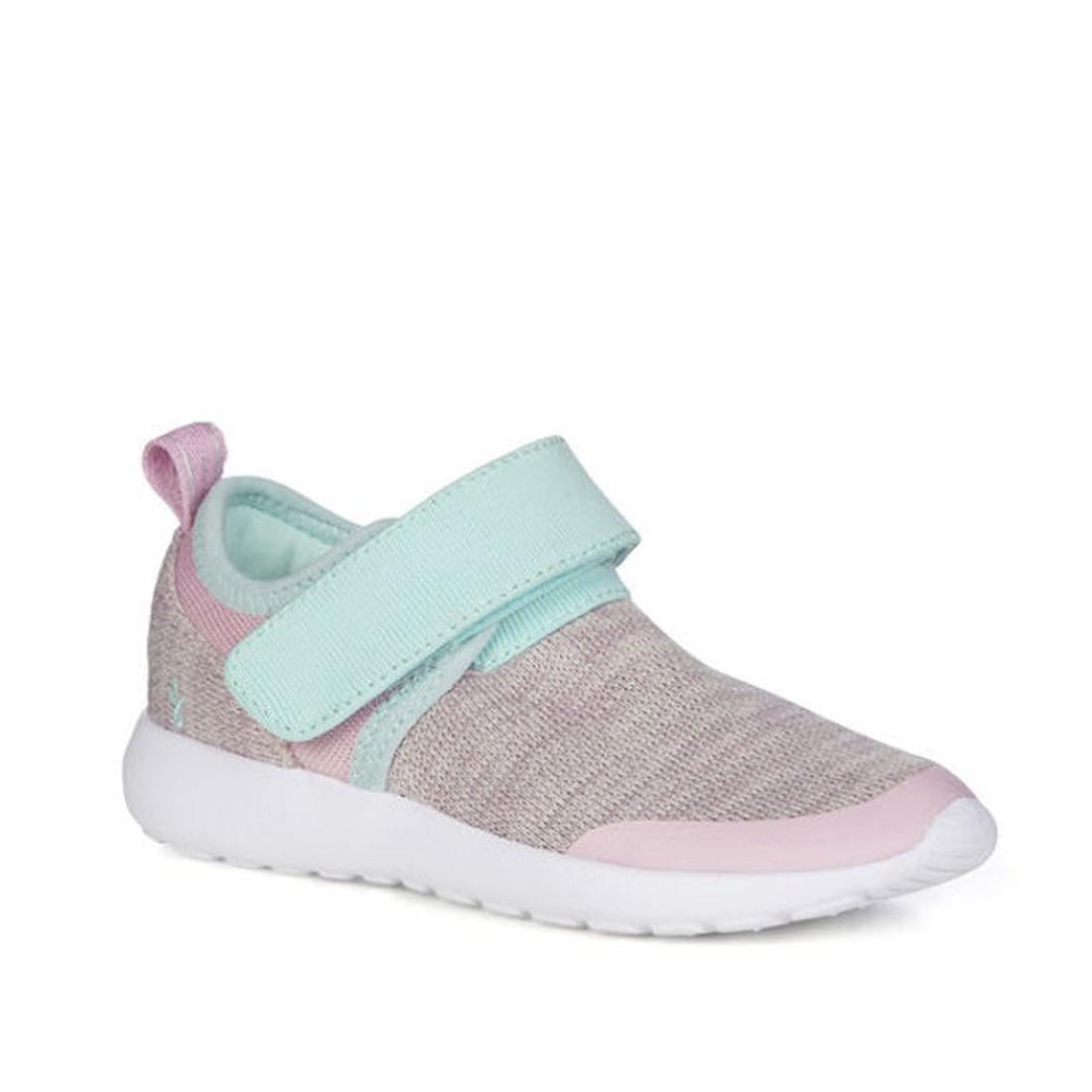 The EMU Kids Ando Velcro Trainer features a mauve pink and gray wool knit upper, mint green velcro strap, white sole, pink heel pull tab, is lightweight, machine washable, and perfect for easy-care kids' wear.