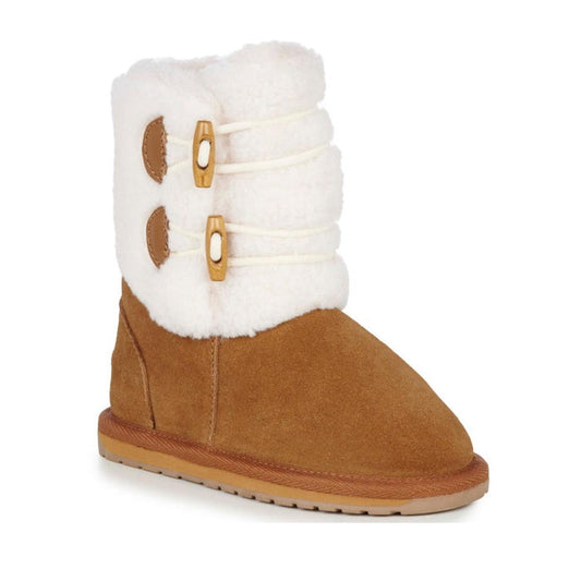 The EMU Kids Burnet Warm Wool Boot in Oak features a brown suede upper, flat sole, white faux fur cuff, and two side toggle fastenings—ideal as stylish winter boots for girls. Now on clearance!.
