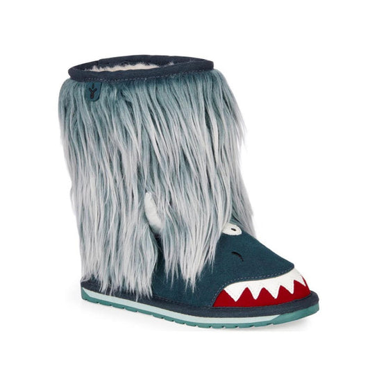 The EMU Kids Monster Creatures Wool Boot in Teal features long gray Merino wool fur, white horns, a monster face, and red-and-white jagged teeth on the toe for a playful look. This single children’s boot has a flat sole and fun design.