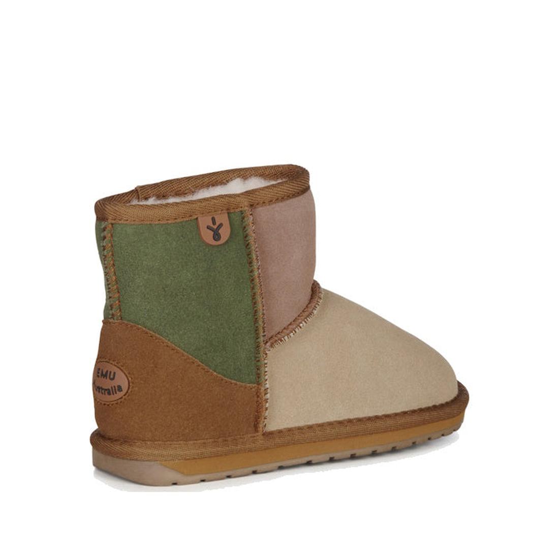 heel shot of a childs EMU Mini Wool Boot EMU Wallaby featuring a patchwork design with chestnut, green, beige, and brown colors, made from merino wool and suede materials adn logo on the heel and a tab on the side of the boot.,
9330071960721,
933007196073