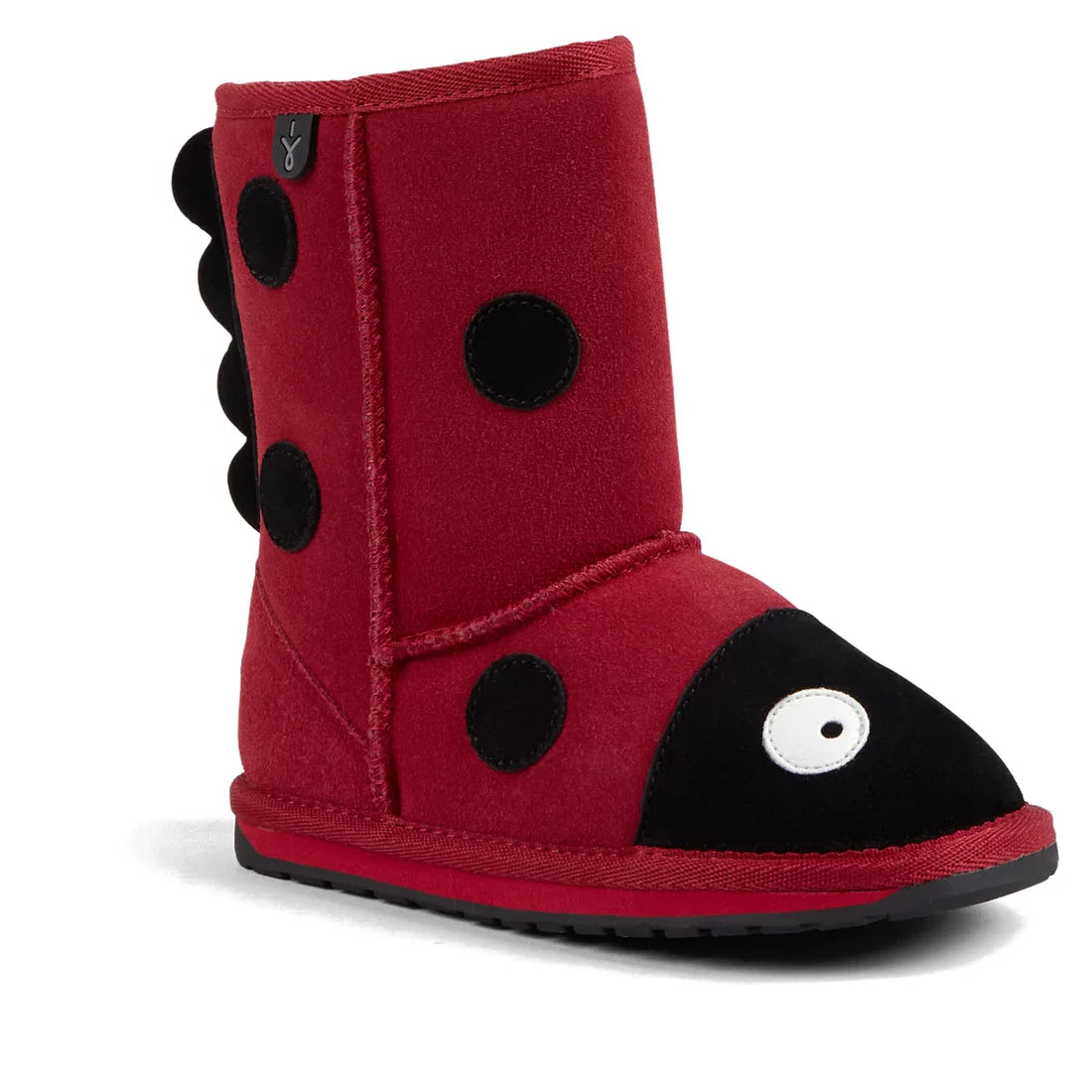The EMU Kids Creatures Red Ladybird Wool Boots are red suede children’s boots styled like a ladybug, with black spots, a black toe with white eyes, scalloped wing-like heel details, and a comfortable durable fit.