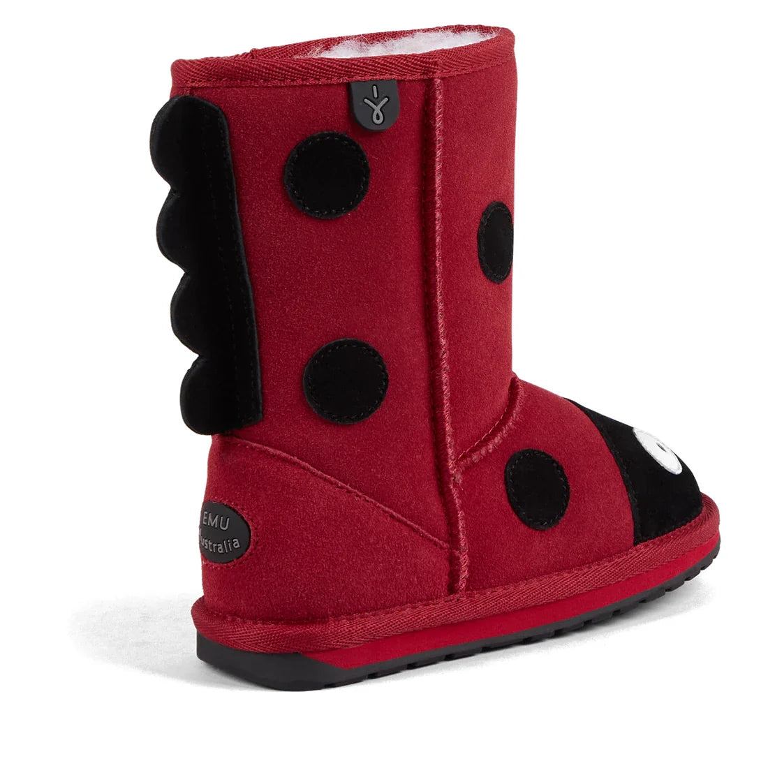 The EMU Kids Creatures Red Ladybird Wool Boots are children’s suede boots featuring black spots, a plush texture, and a cute face with eyes on the toe. Lined with Australian Merino wool for durability and comfort. Label: EMU Australia., 51426, 93300711311