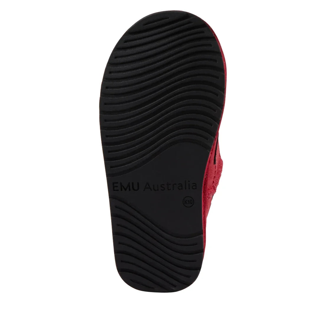 The image shows the black rubber sole of the EMU Kids Creatures Red Ladybird Wool Boots with EMU Australia and size embossed. Wavy horizontal grooves provide traction, and part of the red upper is visible., 51426, 9330071131183, 9330071131190, 93300711312
