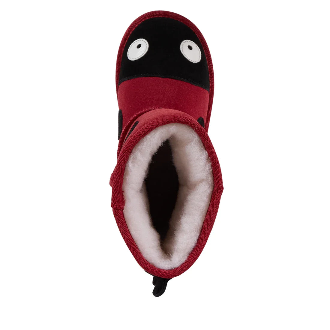 The EMU Kids Creatures Red Ladybird Wool Boots are children's suede boots with a black toe, two white eyes for a ladybug look, and a fluffy Australian Merino wool lining for durable comfort., 51426, 9330071131183, 9330071131190, 9330071131206, 93300711312