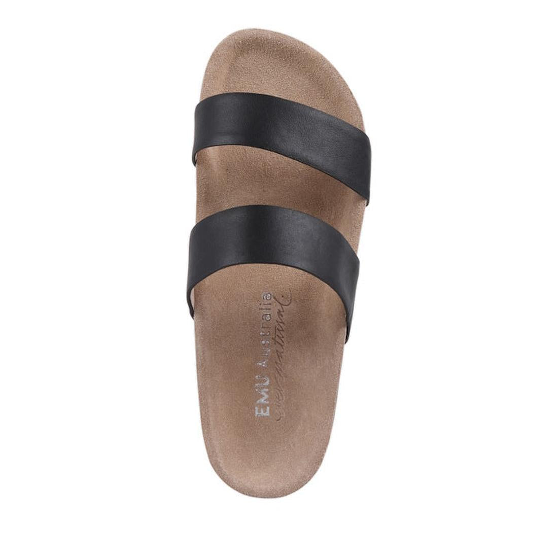 Top down view of Emu Lucie double strap slides Brown sandal with black straps on a white background.,
9330071982679,
9330071982686,
9330071982693,, 9330071982679, 9330071982686, 9330071982693, 46592, 46593