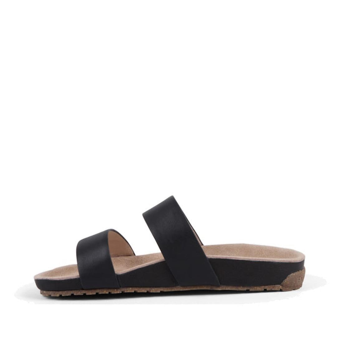 Side view of EMU Lucie slide Black sandal with a white background.,
9330071982679,
9330071982686,
9330071982693,, 9330071982679, 9330071982686, 9330071982693, 46592, 46593