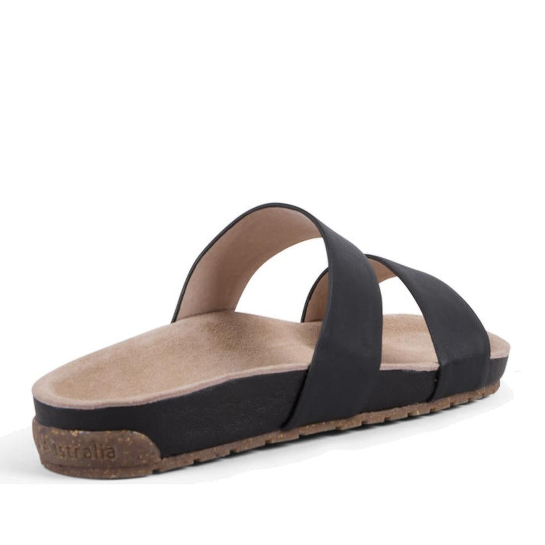 EMU Lucie Black sandal with cork sole on a white background. Showing view from rear to front with slight arch support.,
9330071982679,
9330071982686,
9330071982693,, 9330071982679, 9330071982686, 9330071982693, 46592, 46593