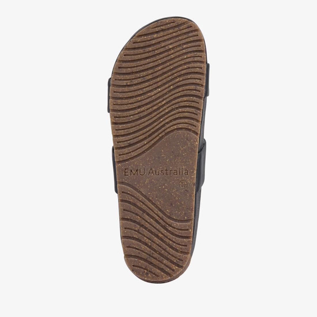 Brown sole of a sandal with 'EMU Australia' branding on a white background.,
9330071982679,
9330071982686,
9330071982693,, 9330071982679, 9330071982686, 9330071982693, 46592, 46593