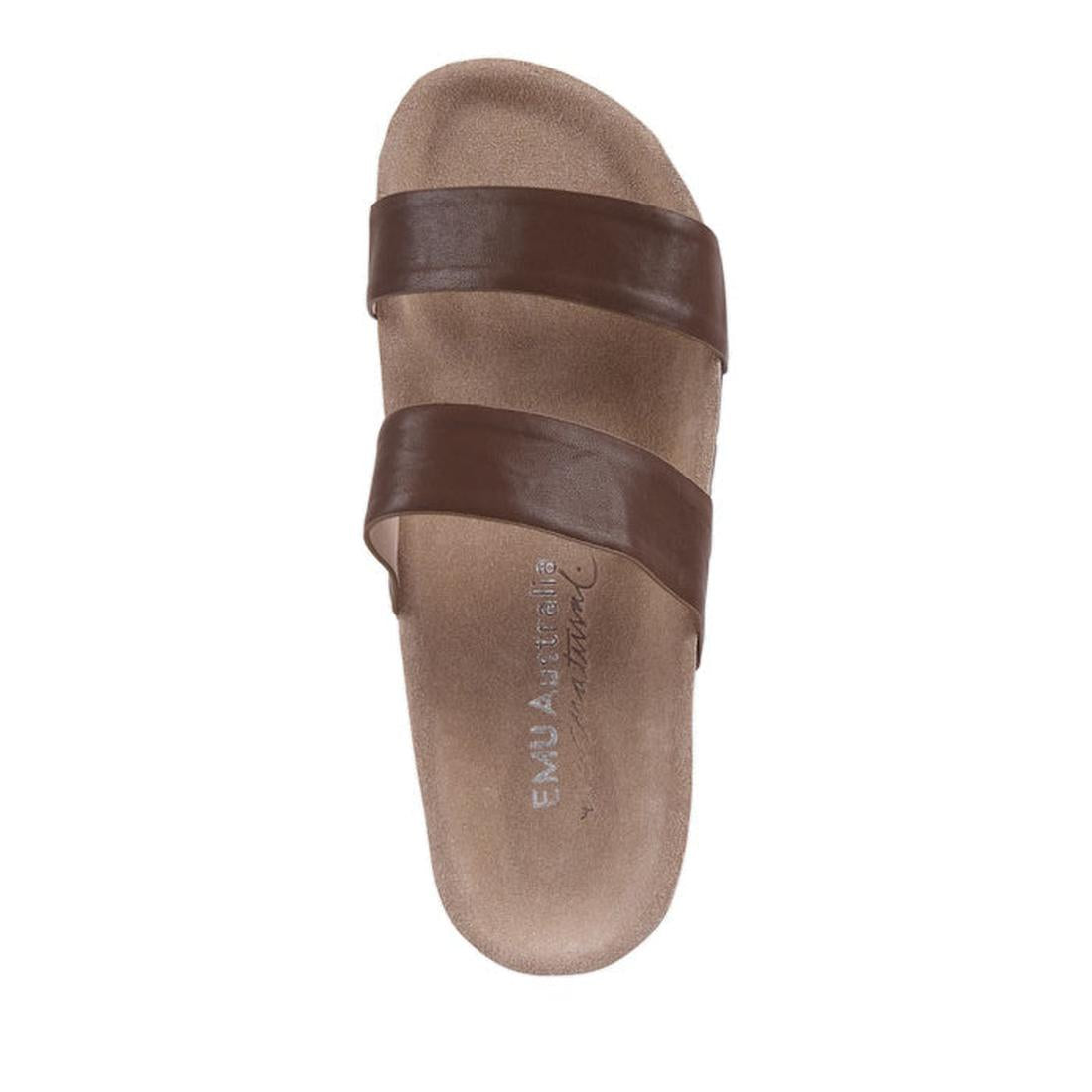Top down view EMU Lucie slide Brown sandal with brown straps on a white background.,
9330071982730,
9330071982747,
9330071982754,
9330071982761,
9330071982778,
9330071982785,, 9330071982730, 9330071982747, 9330071982754, 9330071982761, 9330071982778, 9330