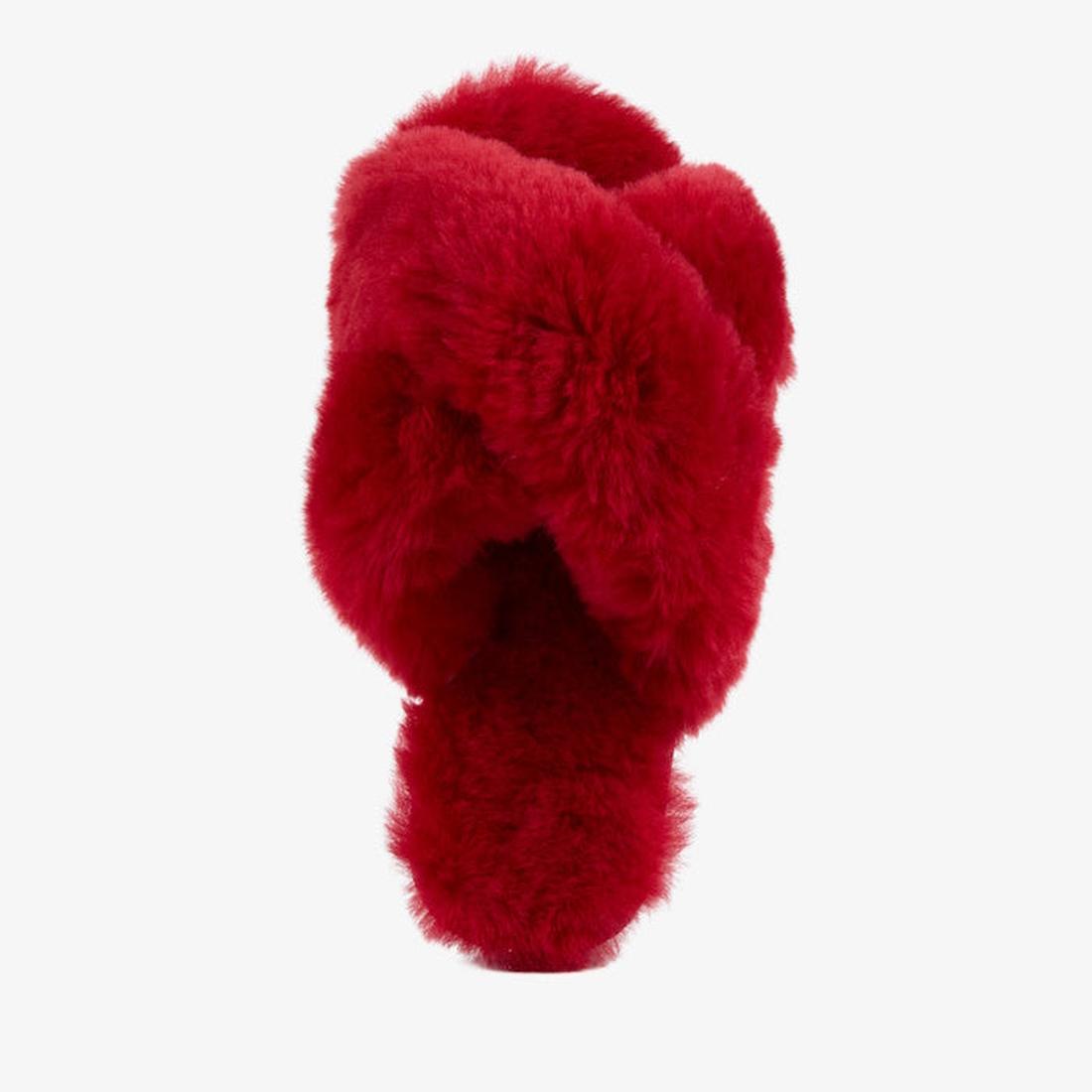 EMU NZ Women's Mayberry Cherry Scuff Slippers in cheerful red, with cozy faux fur, slip-on style, and soft sole, shown upright on white.  ksnz