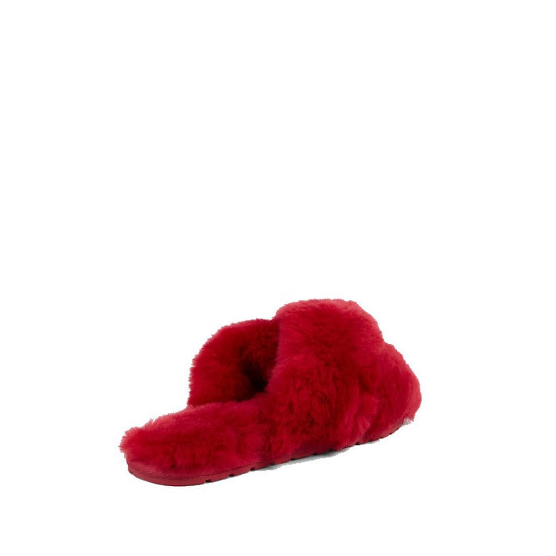 EMU NZ Women's Mayberry Cherry Scuff Slipper: plush red open-toe slides with fluffy crisscross straps and a slip-on sole for all-day comfort.  ksnz