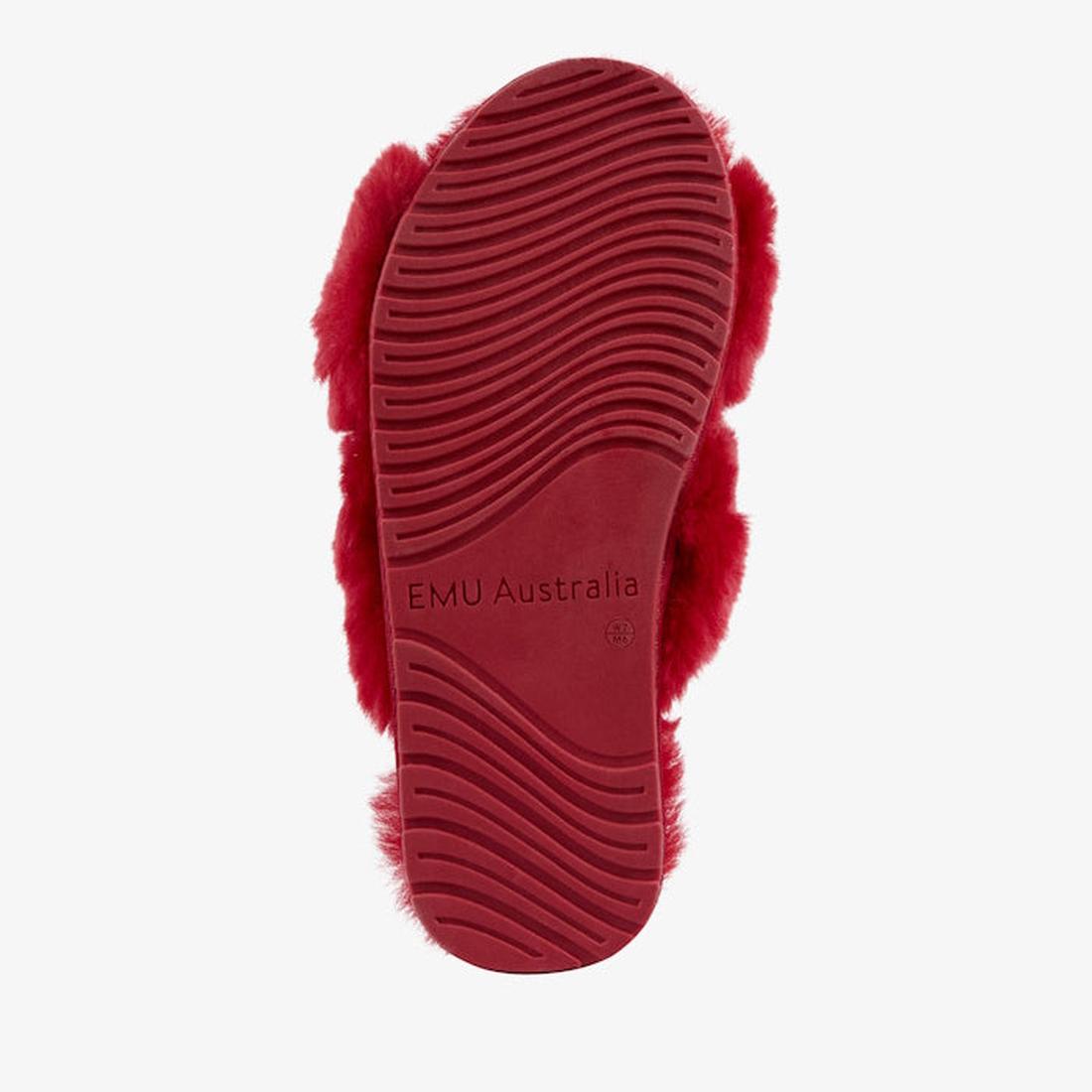 EMU NZ Mayberry Cherry Scuff Slipper for women, with a red fuzzy edge, wavy non-slip sole, and easy slip-on design for cozy feet.  ksnz