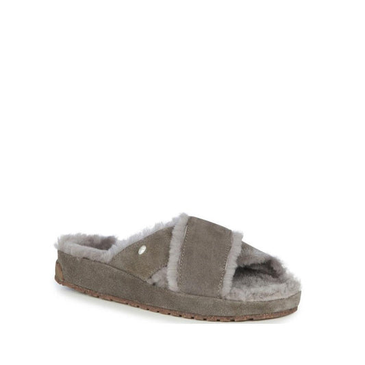 EMU NZ Women's Mayberry Corky Cinder Slide: cozy gray slide with soft crisscross suede, warm fuzzy lining, cork-look sole, easy button closure.  ksnz