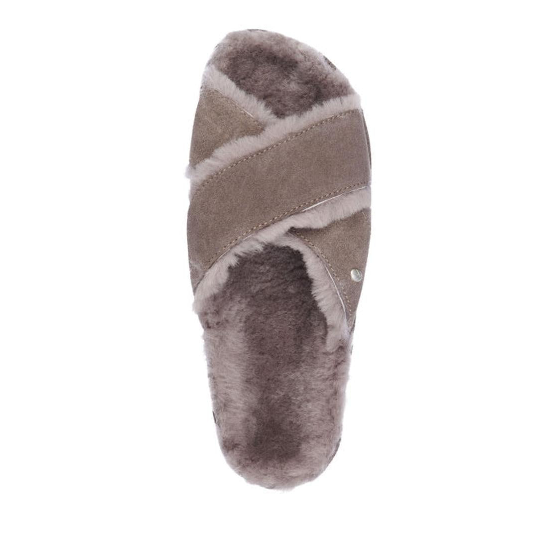 EMU NZ Women's Mayberry Corky Cinder Slide, an open-back slipper in soft cinder gray with furry crisscross straps and cushioned cork sole.  ksnz