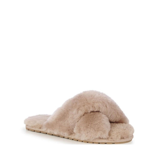 EMU NZ Women's Mayberry Camel Tan is a soft beige slipper with cozy crisscross straps, flat sole, and warm Australian sheepskin.  ksnz