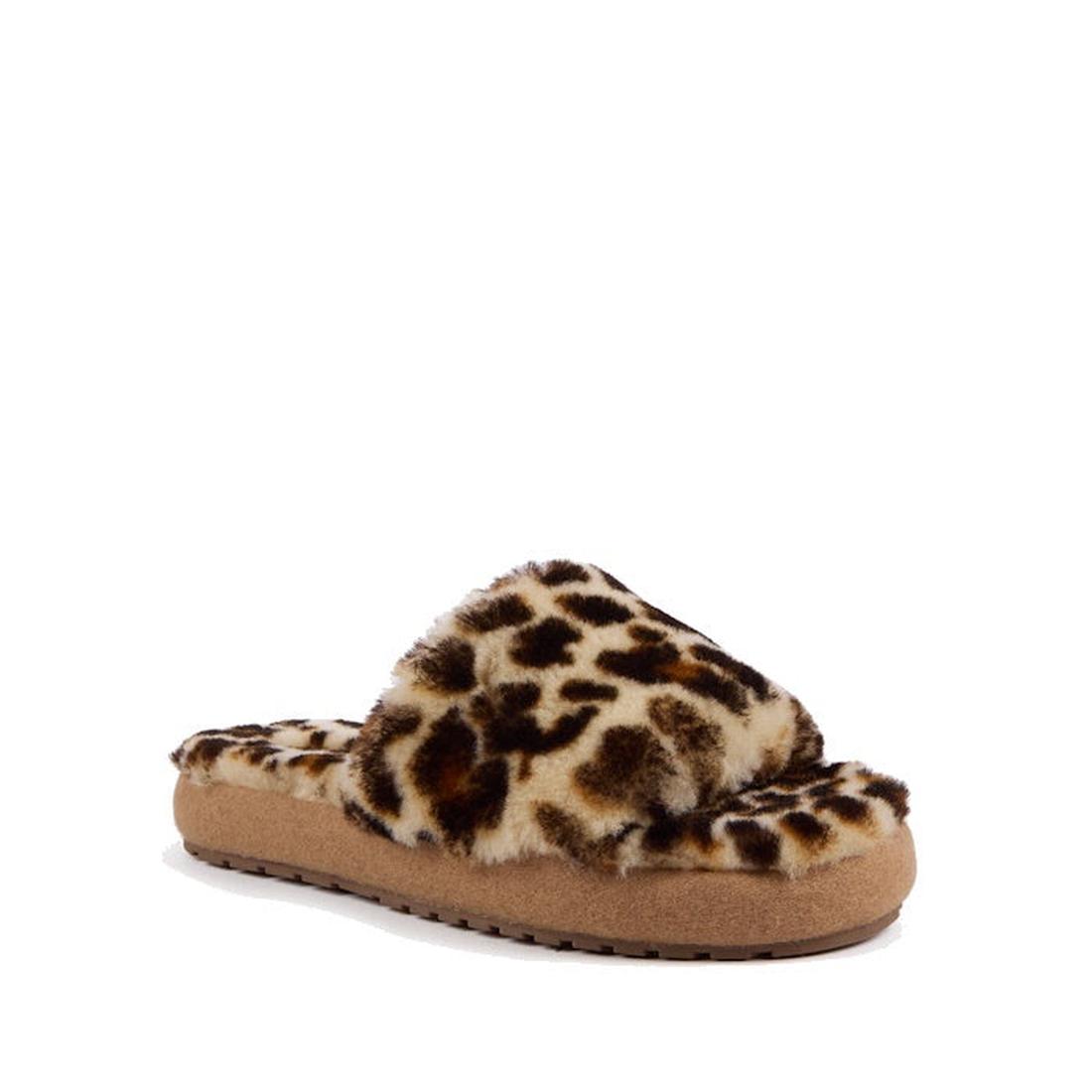 The EMU Women's Mckay Leopard Print Sheepskin Scuff Slipper Slide features a plush leopard print design, thick tan sole, and cushioned foam midsole for comfort, displayed against a plain white background.