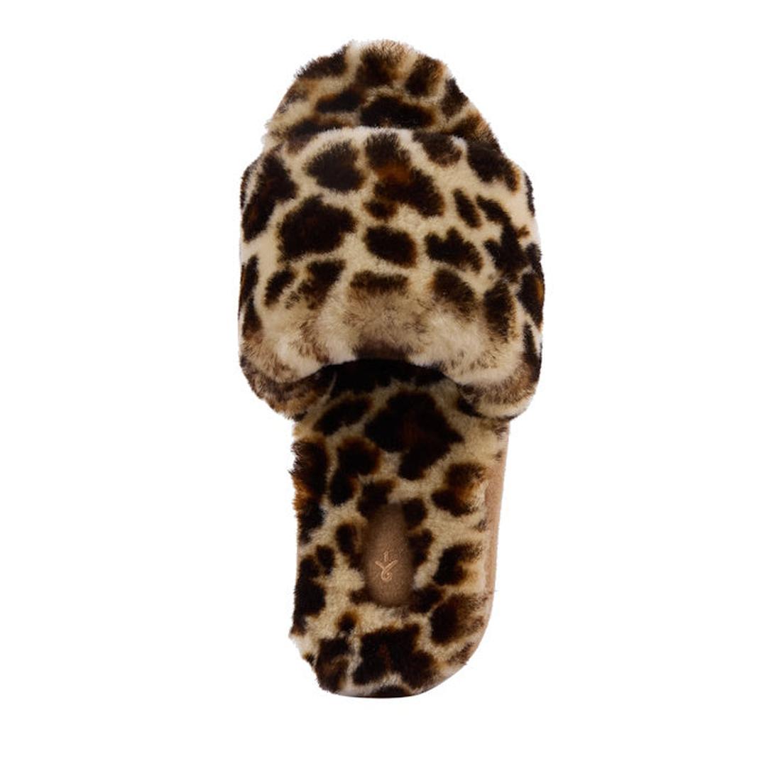 Top view of the EMU Women's Mckay Leopard Print Sheepskin Scuff Slipper Slide with a brown and black leopard print, open toe, and soft cushioned foam midsole for comfort., 47435, 9330071979303, 9330071979310, 9330071979327, 9330071979334, 9330071979341