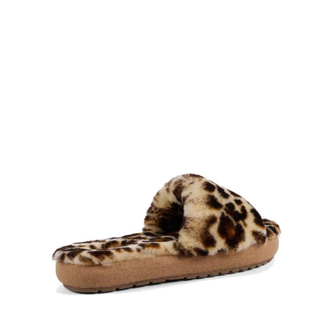 The EMU Women's Mckay Leopard Print Sheepskin Scuff Slipper Slide features a brown sole, cushioned foam midsole, and a fluffy leopard-print strap and footbed, shown at an angled back view., 47435, 9330071979303, 9330071979310, 9330071979327, 9330071979334