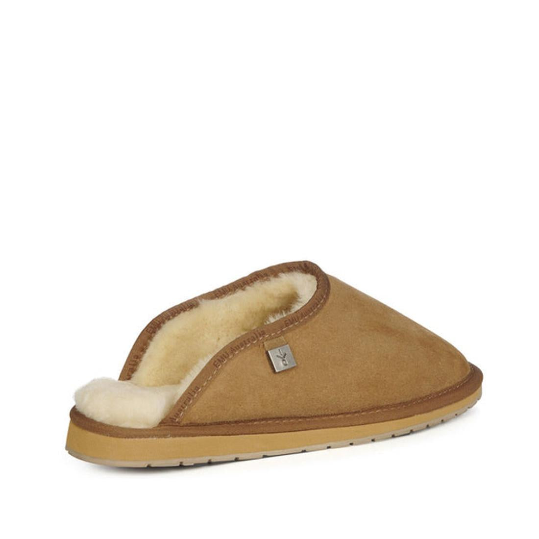 The EMU Mens Platinum Esperance Scuff Slipper is a chestnut sheepskin slip-on with a cream plush lining and flat rubber sole, made from Australian double face sheepskin, shown on a plain white background., 9330071272213, 9330071272220, 9330071272237, 9330