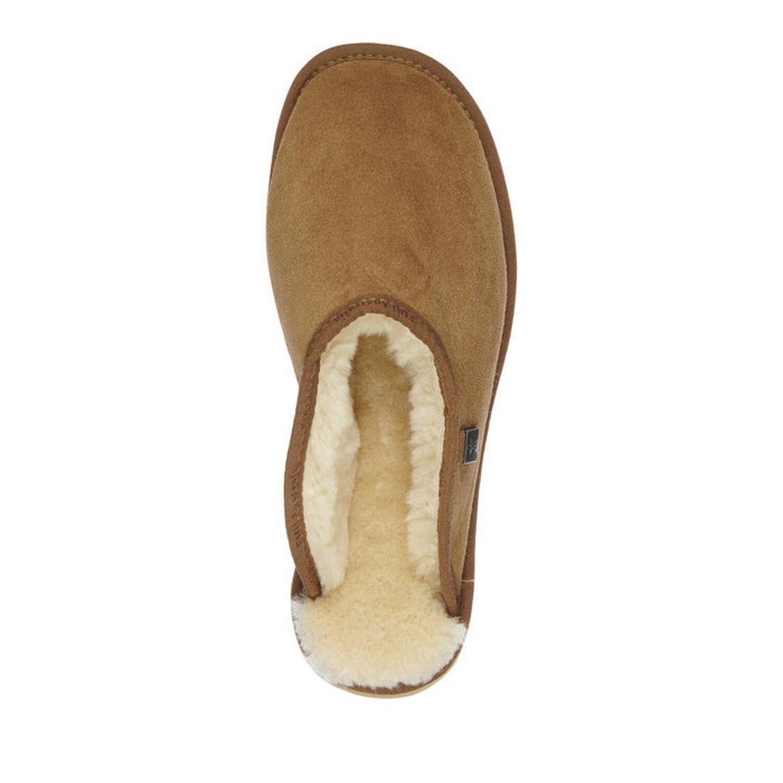 A single EMU Men's Platinum Esperance Scuff Slip On Sheepskin Slipper in Chestnut, featuring a soft cream fleece lining, viewed from above on a white background., 9330071272213, 9330071272220, 9330071272237, 9330071272244, 9330071272251, 9330071272268, 29