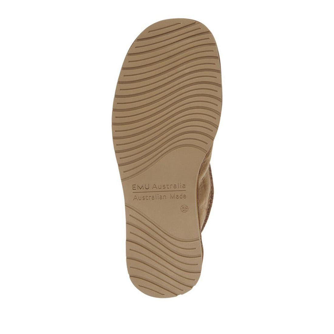 The image shows the tan sole of the EMU Mens Platinum Esperance Scuff Sheepskin Slipper in Chestnut, featuring a wavy tread pattern and "EMU Australia Australian Made" embossed at the center. The background is plain white., 9330071272213, 9330071272220, 9
