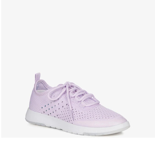 EMU NZ Emu Women's Miki Knitted Wool Sneakers in Orchid Purple, with a comfy mesh upper, white lace closure, and easy-clean sole.  ksnz