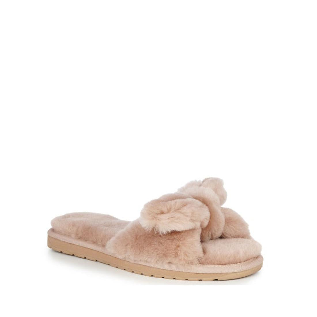 The EMU Women's Naledi Camel Slipper w/Bow features fuzzy, light beige straps and flat textured soles, shown against a plain white background.