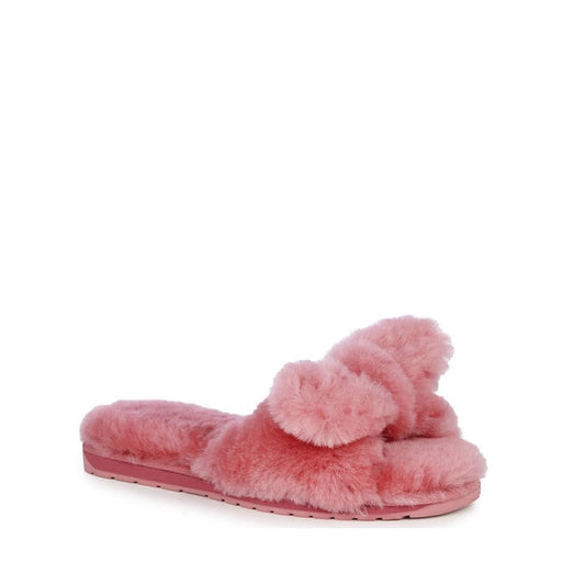 The EMU Women's Naledi Mineral Red Slipper w/Bow (NOT RETURNABLE) features plush straps and open toes, shown on a white background.