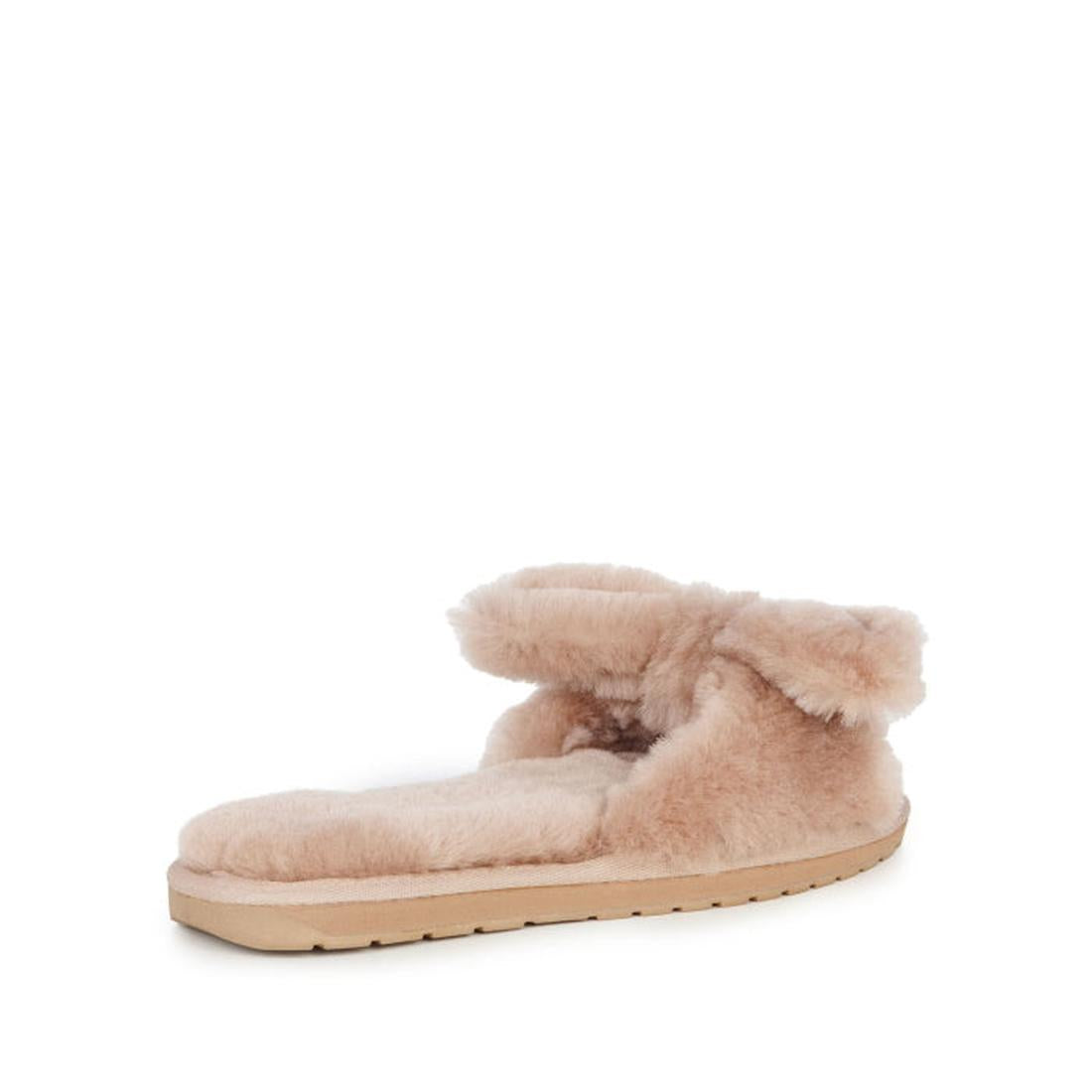 The EMU Women's Naledi Camel Slipper w/Bow is a tan, fluffy sandal with a thick fuzzy strap and flat light rubber sole, inspired by EMU Australia slippers and shown on a white background. NOT RETURNABLE., 9330071899489, 9330071899496, 9330071899502, 93300
