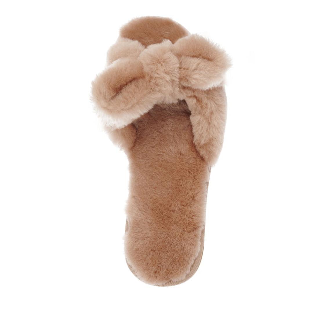 A tan, fluffy EMU Women's Naledi Camel Slipper w/Bow features a soft, furry texture, open toe design, and matching decorative bow—style inspired by EMU Australia slippers., 9330071899489, 9330071899496, 9330071899502, 9330071899519, 9330071899526, 9330071