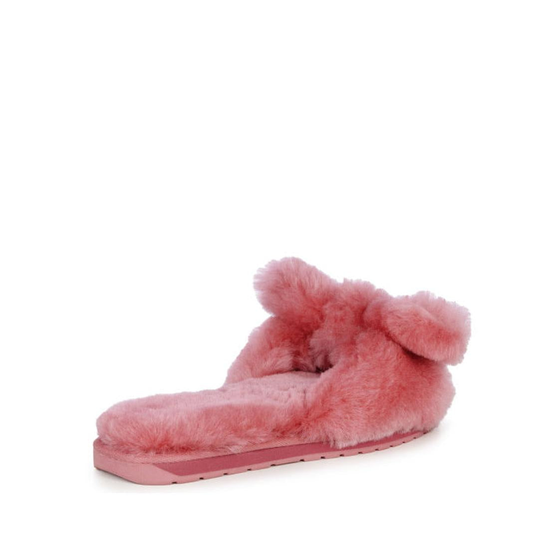 The EMU Women's Naledi Mineral Red Slipper features a plush, fluffy texture, an open back, and a cute bow—shown angled from the side and rear against a white background. Cozy women's slide slippers. NOT RETURNABLE., 9330071899564, 9330071899571, 933007189