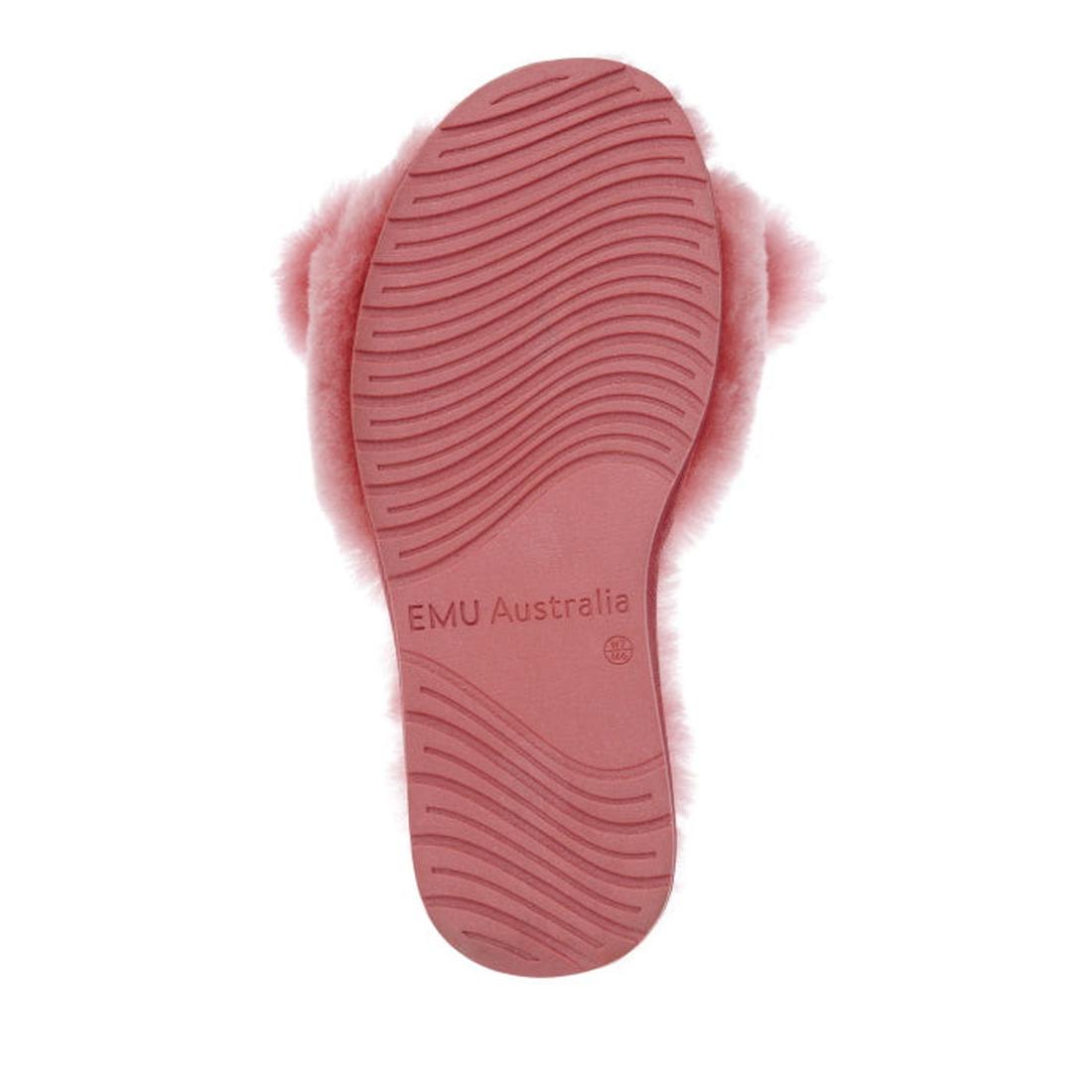 The EMU Women's Naledi Mineral Red Slipper w/Bow is shown from the bottom, featuring a textured rubber sole with wave patterns and "EMU Australia" embossed in the center. Soft fur edges add coziness to these stylish, non-returnable women's slides., 933007