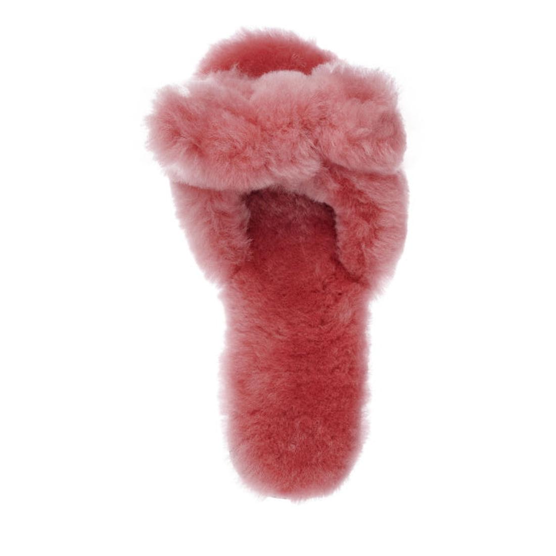 A single EMU Women's Naledi Mineral Red Slipper w/Bow, a plush, open-toe women's slide with crisscross band, shown from a top-down view on a white background. NOT RETURNABLE., 9330071899564, 9330071899571, 9330071899588, 9330071899595, 9330071899601, 9330