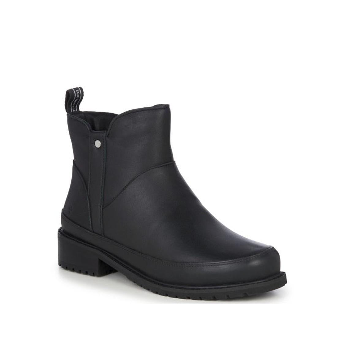 An Emu Nashira black ankle-high boot with a low heel and rubber outsole, featuring an inside zip for easy wear.