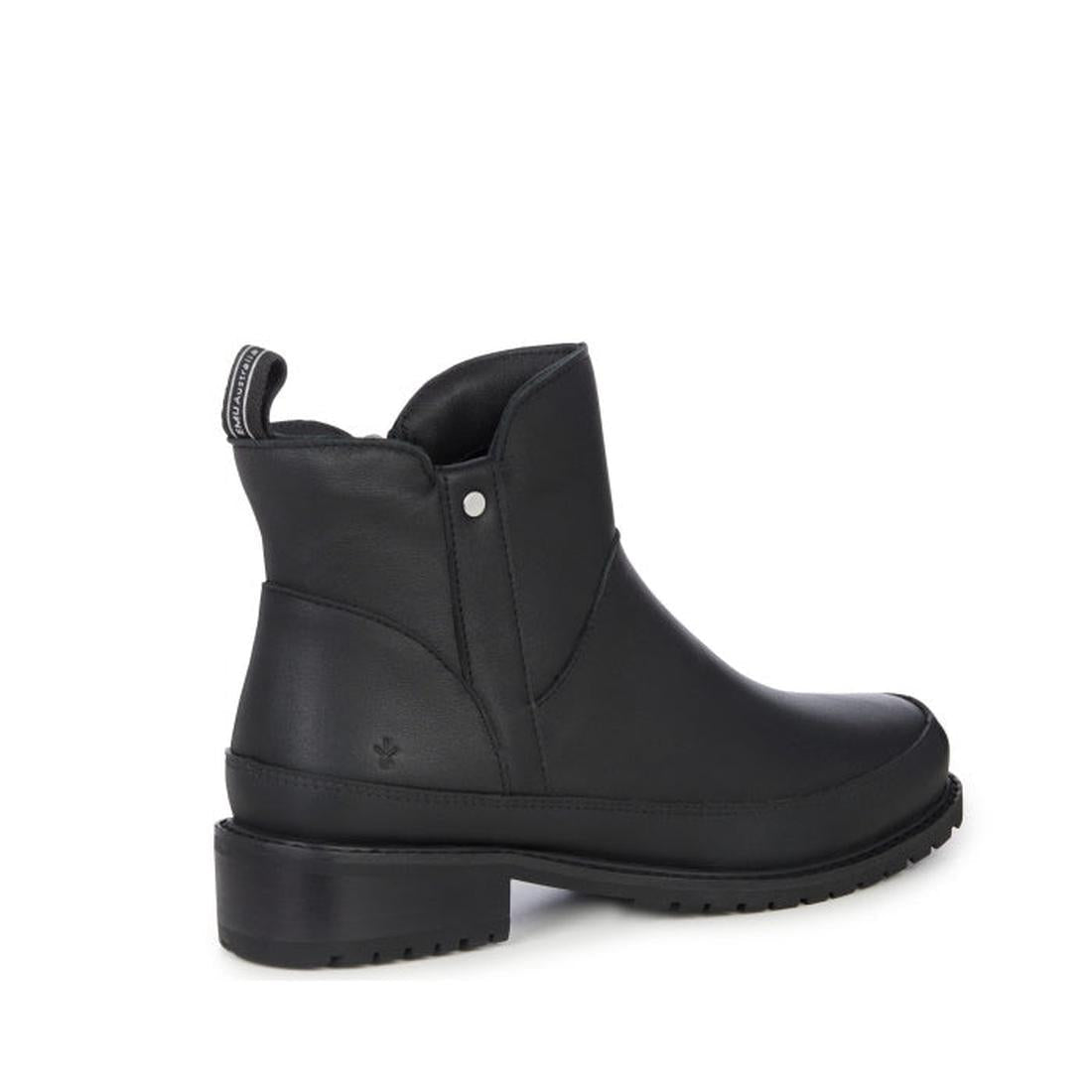 The EMU Women's Nashira Ankle Boot Black is a waterproof leather Chelsea boot with a low block heel, textured sole, back pull tab, side panel seam, and metal stud for sleek minimalist style., 9330071899687, 9330071899694, 9330071899700, 9330071899717, 933