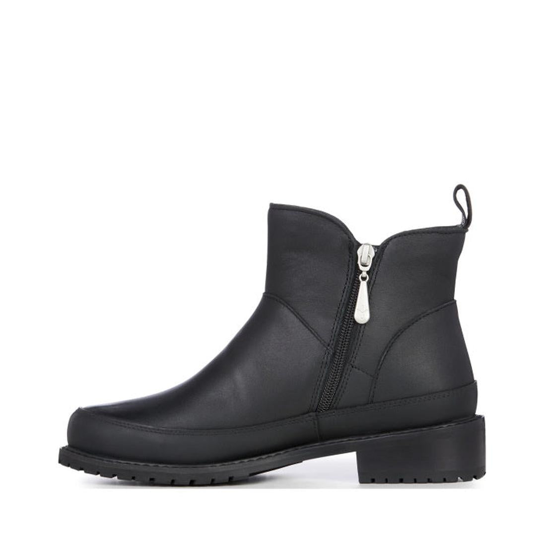 The EMU Women's Nashira Ankle Boot in black features waterproof leather, a low block heel, side zipper, pull tab at the back, and a textured rubber sole. Shown in left side profile on a white background., 9330071899687, 9330071899694, 9330071899700, 93300