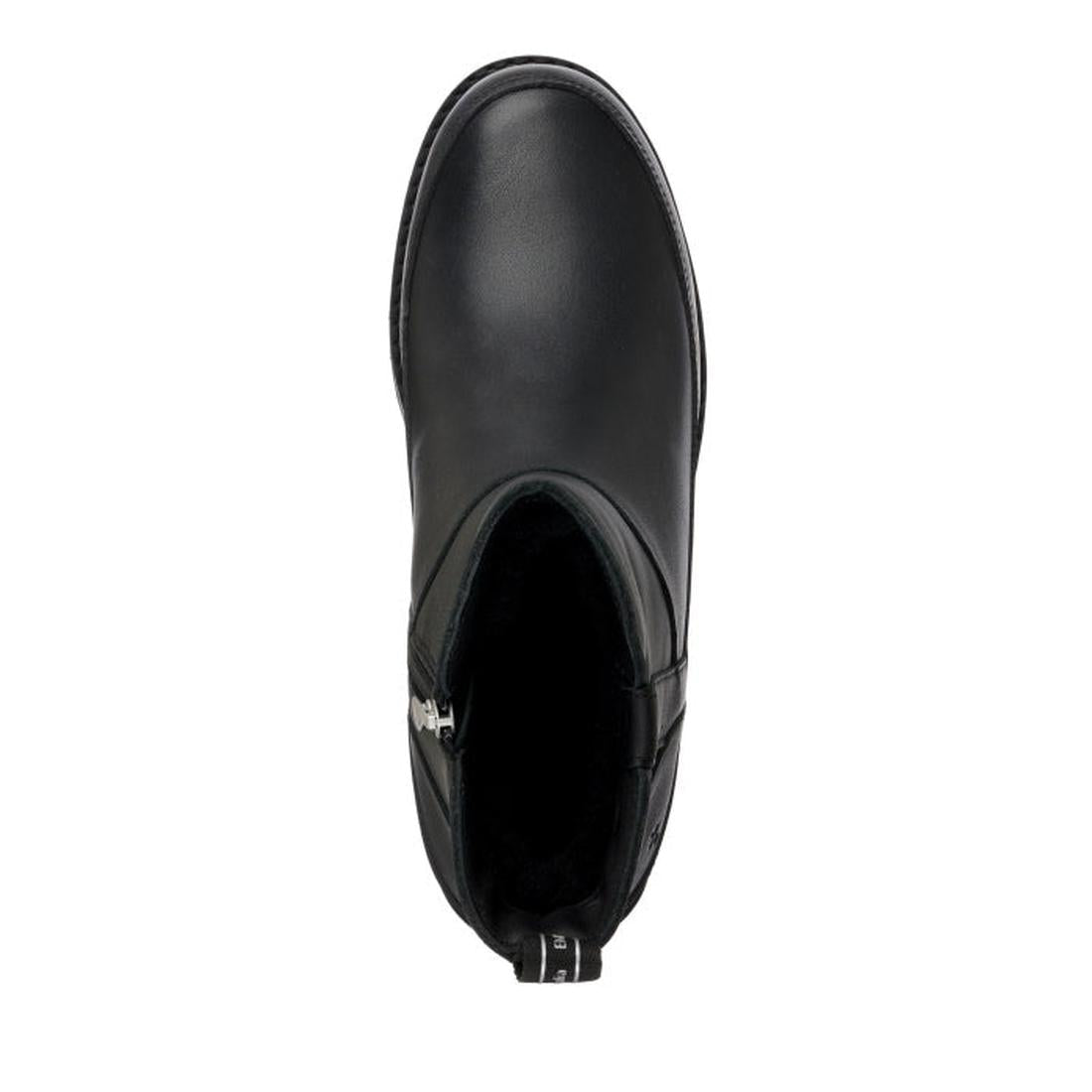 Top view of the EMU Women's Nashira Ankle Boot in black waterproof leather, featuring a rounded toe, visible side zipper, and back pull tab, displayed on a white background., 9330071899687, 9330071899694, 9330071899700, 9330071899717, 9330071899724, 93300