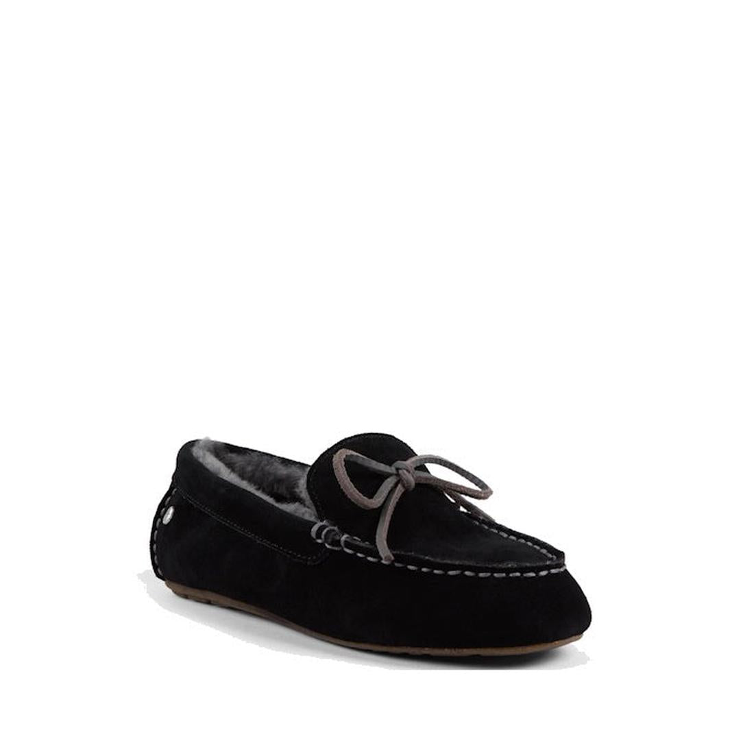 EMU NZ Sandrine Moccasin Sheepskin Slipper in black, with cozy lining, gray laces, sturdy sole, and white stitching for comfort.  ksnz