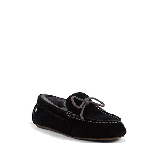 EMU NZ Sandrine Moccasin Sheepskin Slipper in black, with cozy lining, gray laces, sturdy sole, and white stitching for comfort.  ksnz